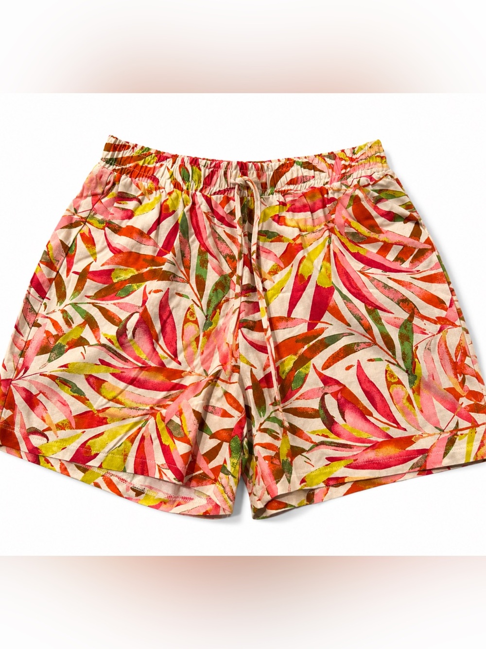 Tropical Print Women's Drawstring Shorts - Pink Multi